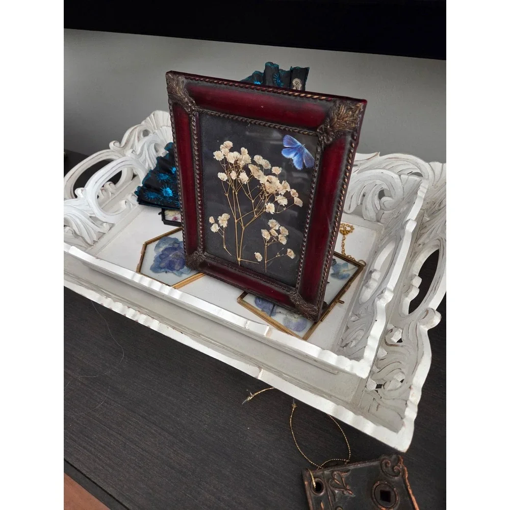 Vintage Style Pressed Babys Breath Blue Butterfly Wood Frame Glass Art 5x7
